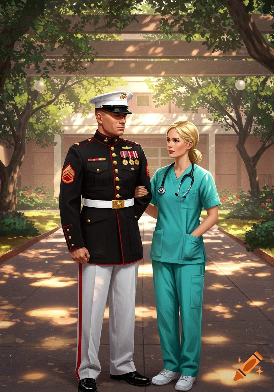 Illustration of a man in Marine dress uniform and a woman in teal medical scrubs standing arm-in-arm on a sunny path.
