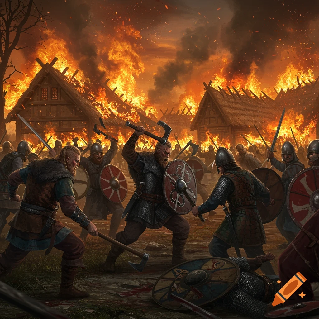 Vikings and Saxons battle in a burning village, with warriors wielding axes and swords amidst flames and smoke.