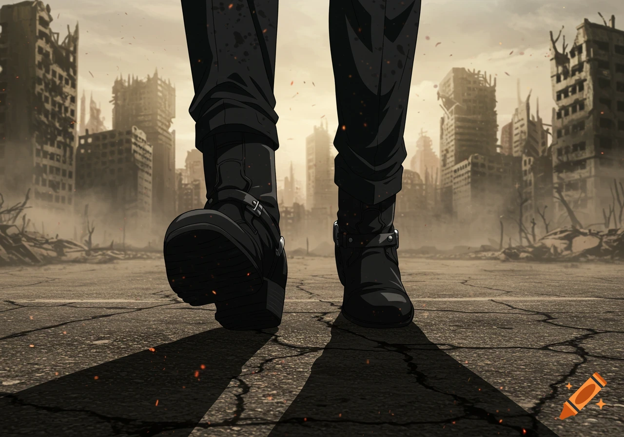 Anime close-up of a person in black pants and boots walking through a destroyed, post-apocalyptic cityscape.