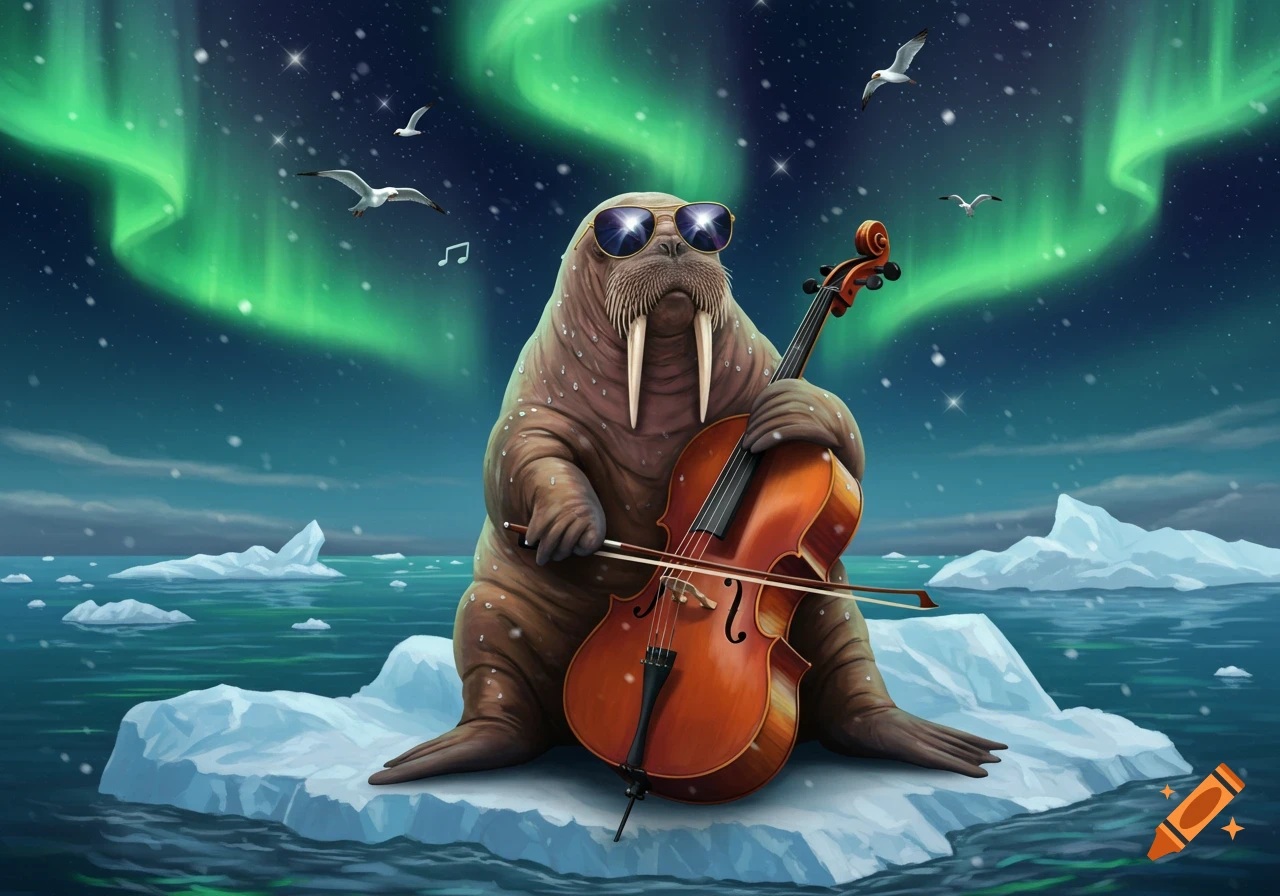 A walrus wearing sunglasses plays a cello on an iceberg under the green aurora borealis at night, with snow falling and seagulls flying.