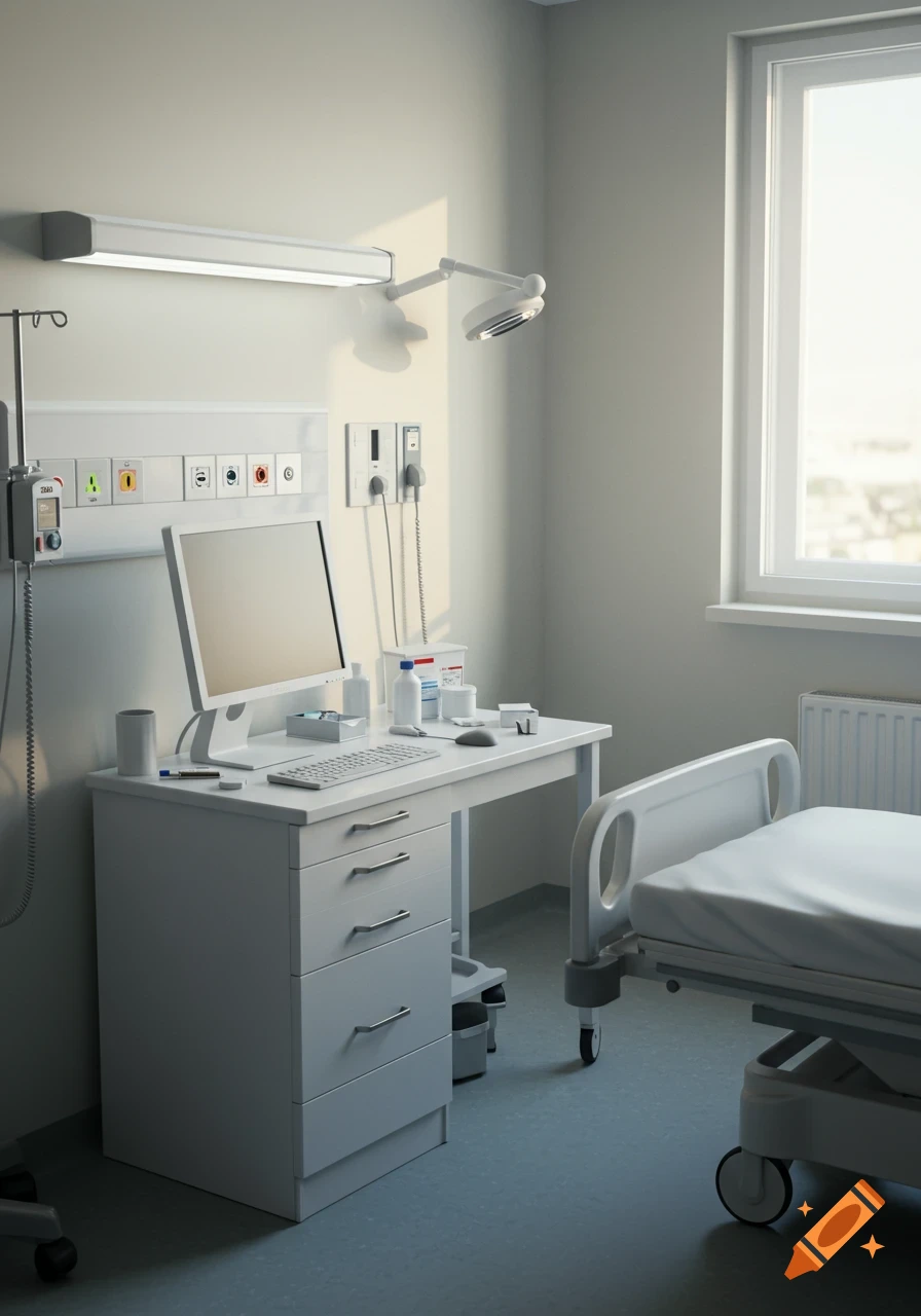A sterile, well-lit hospital room with a white medical desk, computer monitor, and supplies. A hospital bed is visible next to a window.