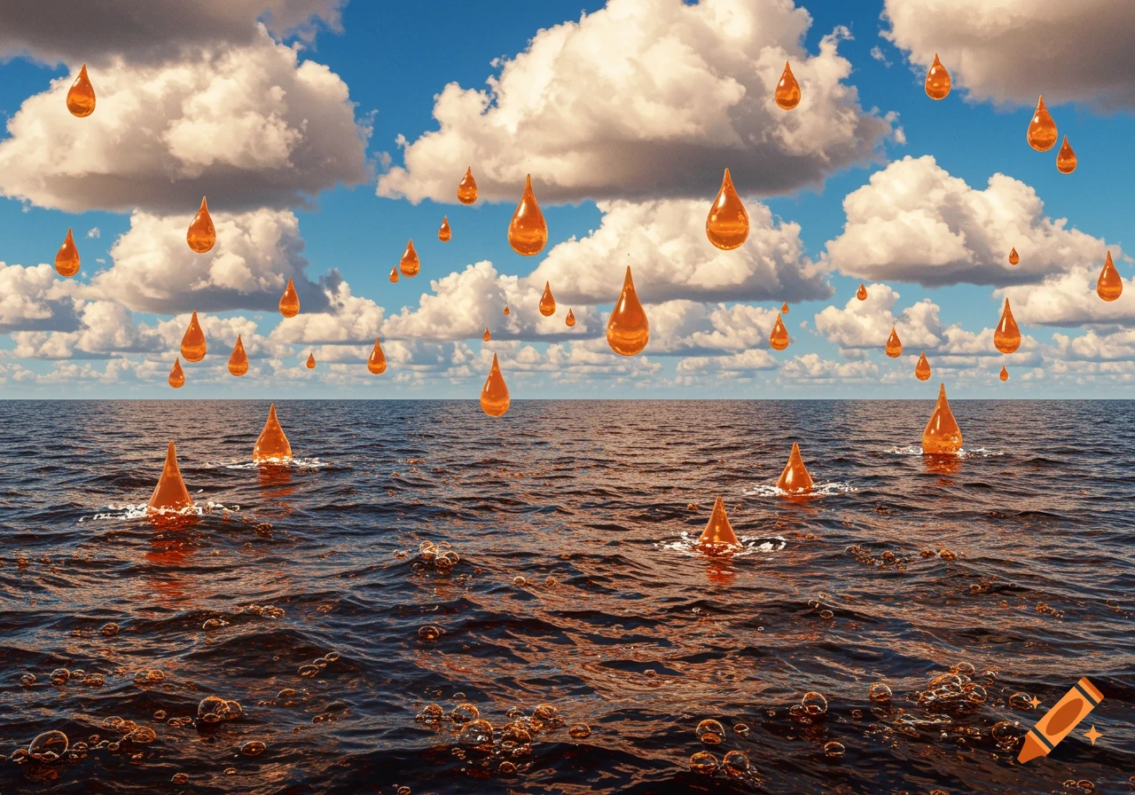 A surreal landscape with a dark, bubbly sea under a blue sky with fluffy clouds. Large orange liquid droplets fall from the sky and float on the water.