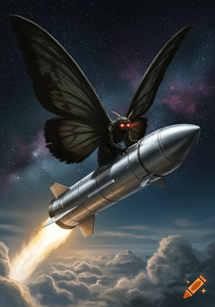 A dark, winged Mothman with glowing red eyes rides a silver missile rocketing through clouds into a starry night sky.