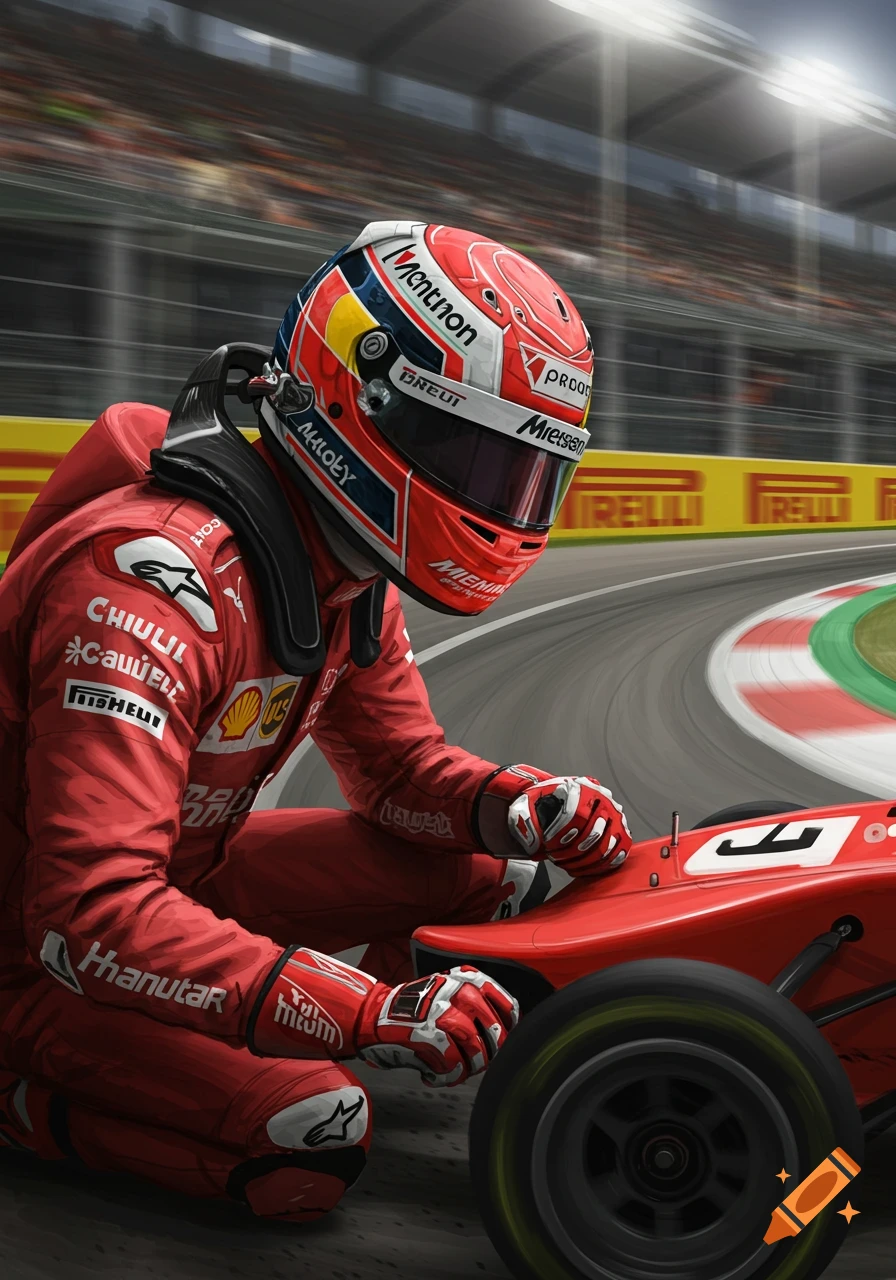 An illustration of a Formula 1 race car driver in a red suit and helmet, kneeling next to a red F1 car on a track with stadium seating in the background.