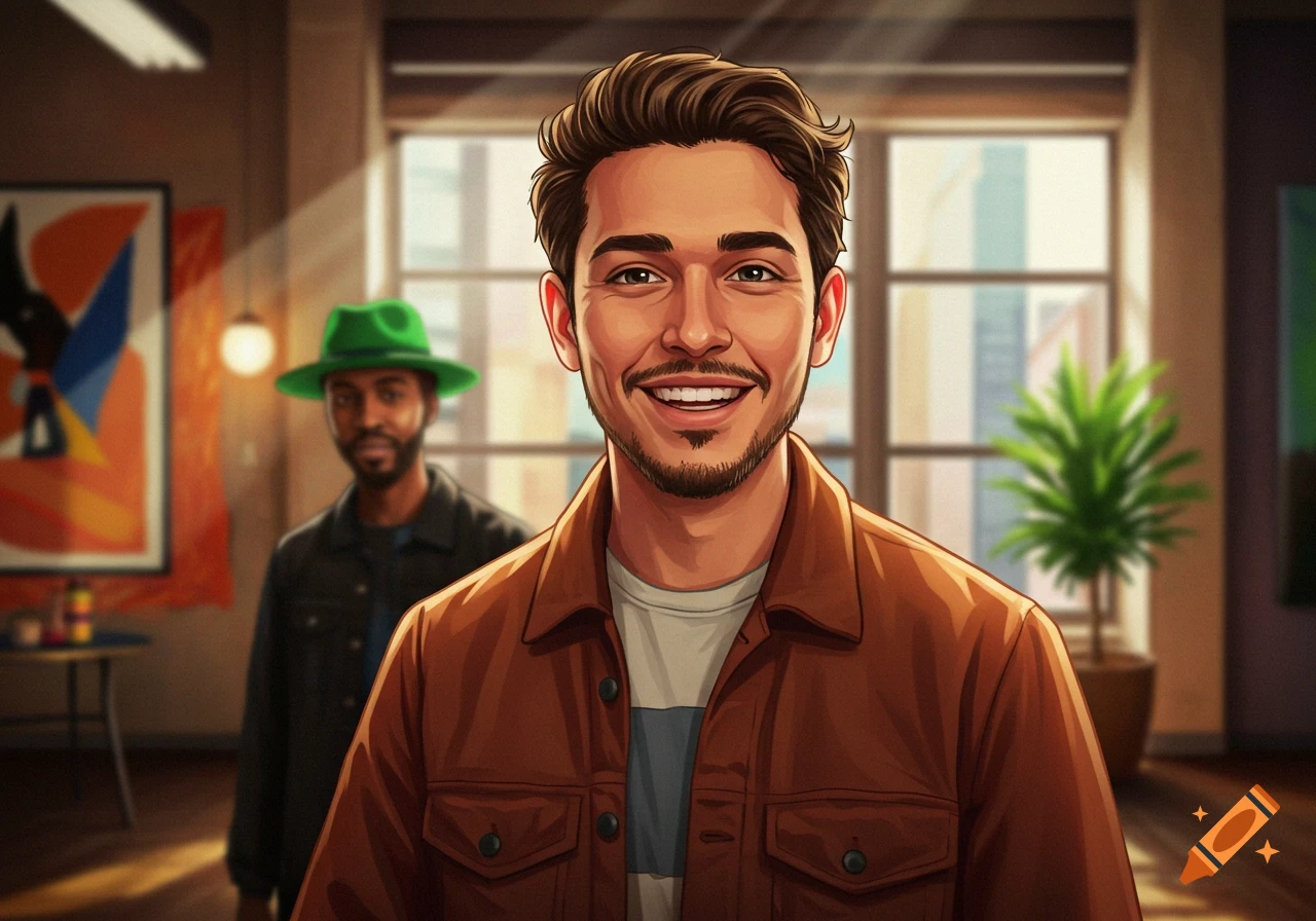 A smiling man in a brown jacket in the foreground of a digital illustration, with a man in a green hat behind him in a bright room.