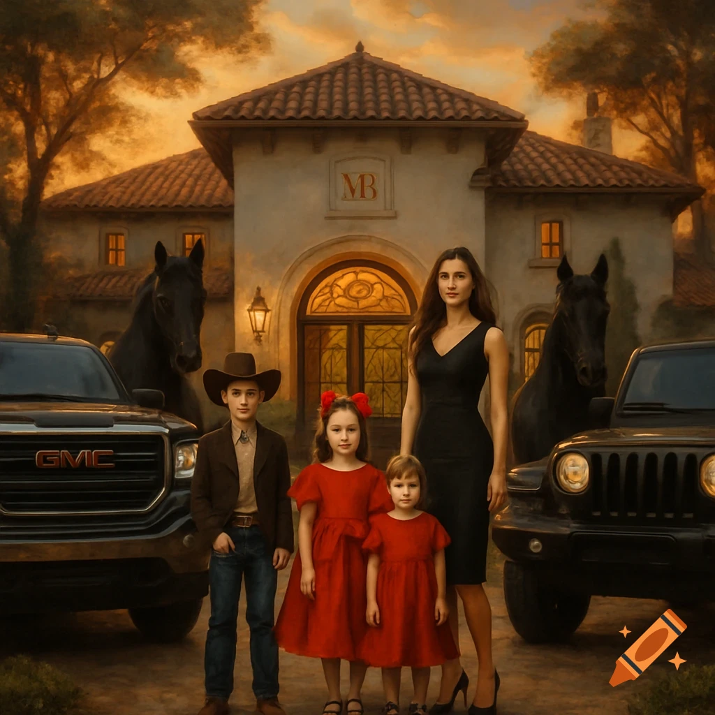 A digital painting of a family, two black horses, a GMC truck, and a Jeep in front of a large villa at sunset.