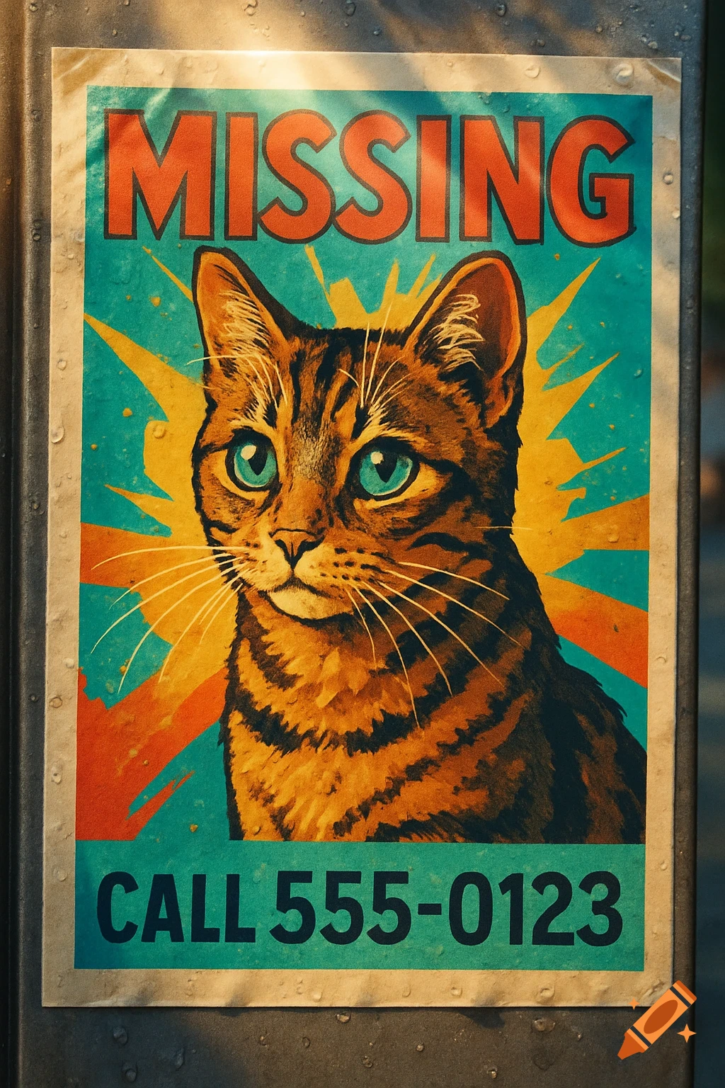 A colorful, stylized missing poster featuring a brown tabby cat with bright blue eyes, with 'MISSING' and 'CALL 555-0123' text.