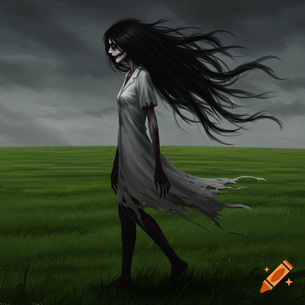 Anime-style digital painting of a gaunt, pale woman with long black hair and a tattered white dress walking through a green field under a stormy sky.