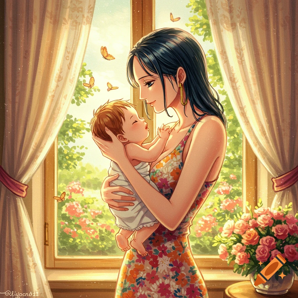 Anime illustration of a dark-haired woman holding a baby by a sunny window with butterflies and flowers.