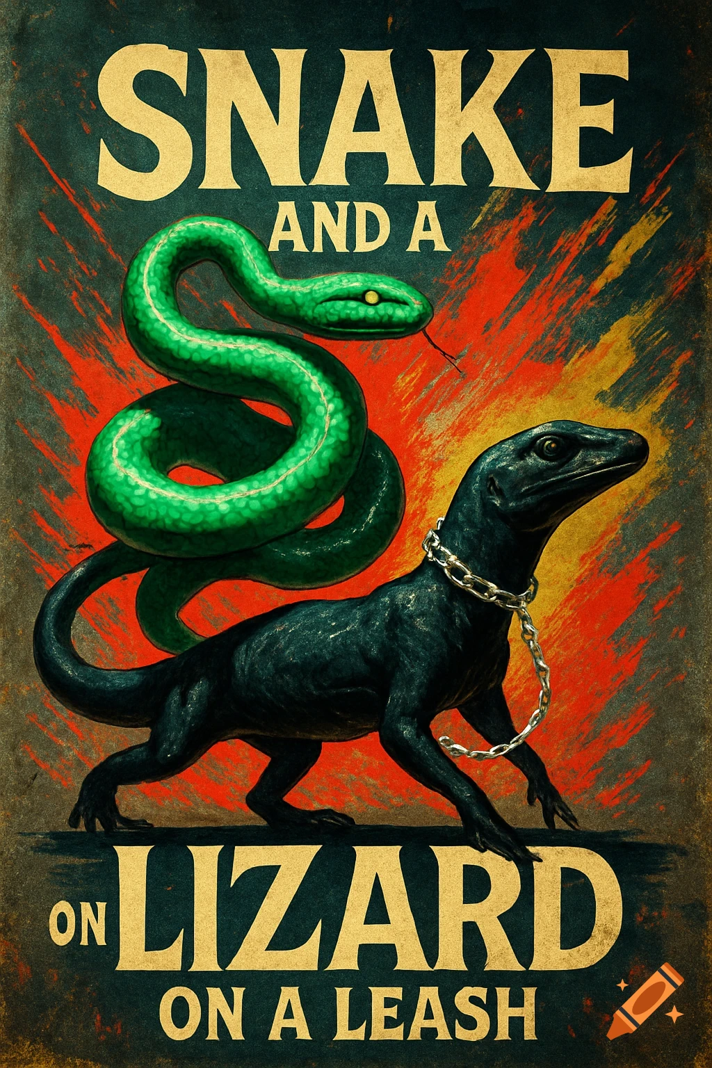 A vintage-style band poster for "Snake and a Lizard on a Leash" featuring a green snake coiled above a black lizard with a chain leash, against a fiery red and yellow background.
