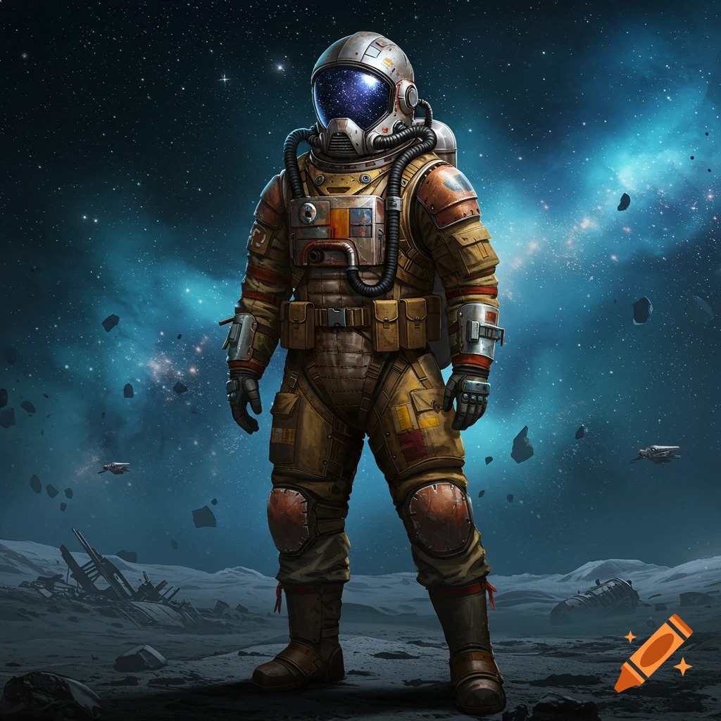 A detailed, full-body shot of a weathered, low-tech space scavenger in an astronaut suit standing on a desolate alien planet surface under a starry, nebula-filled sky.