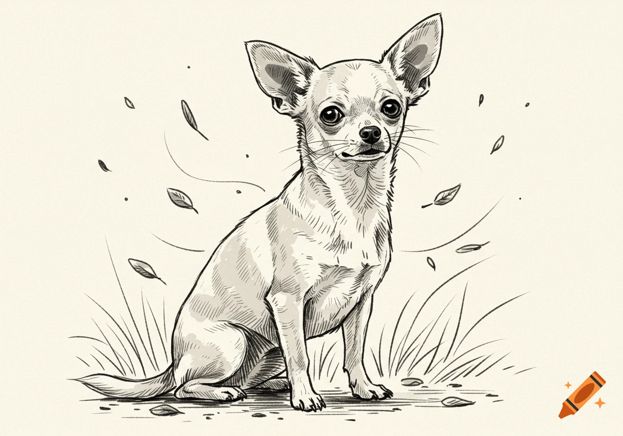 A black and white sketch of a chihuahua sitting in grass with leaves floating around it.