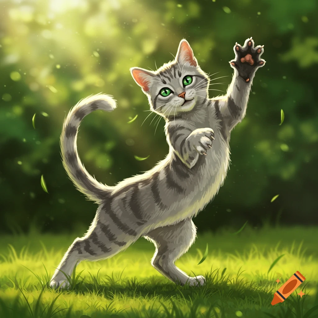 A smiling gray tabby cat with bright green eyes raises a paw to swat, standing in sunny green grass in an illustrated style.
