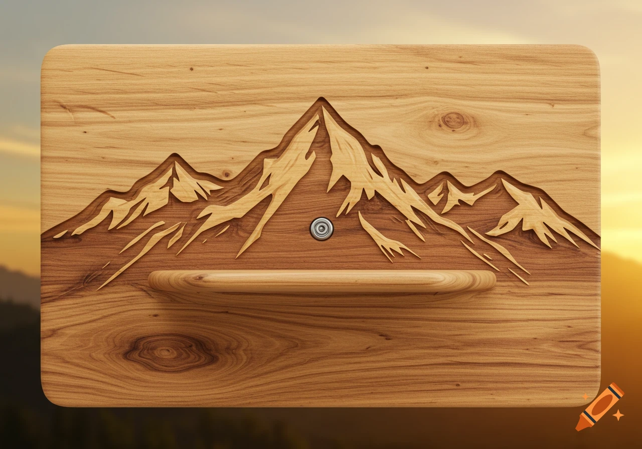 A wooden hangboard carved in the shape of mountains with a metal eyelet and a small shelf, set against a blurred sunset background.