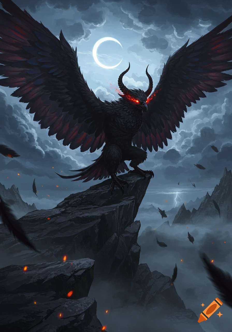A dark, horned, winged creature with glowing red eyes stands on a rocky peak under a crescent moon in a stormy sky with lightning.