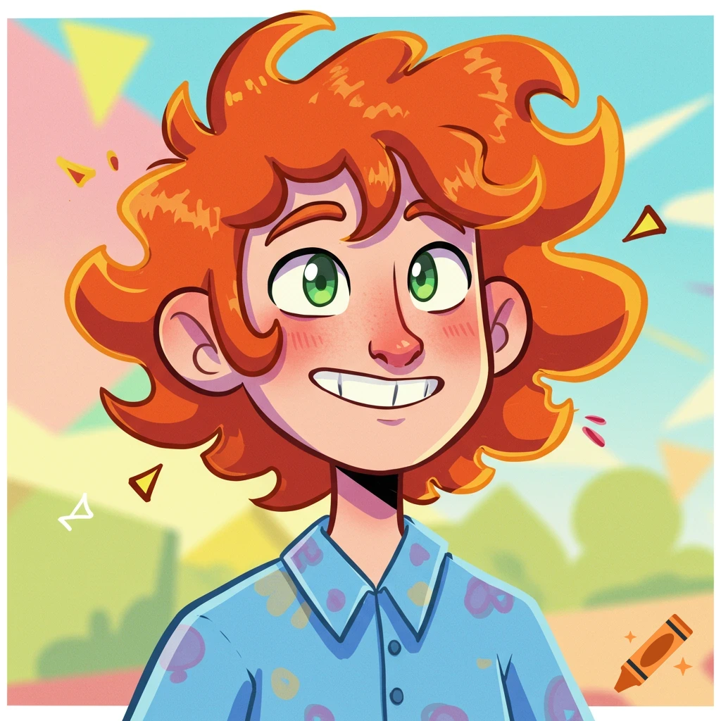Cartoon portrait of a smiling redhead male with green eyes and a blue patterned shirt.
