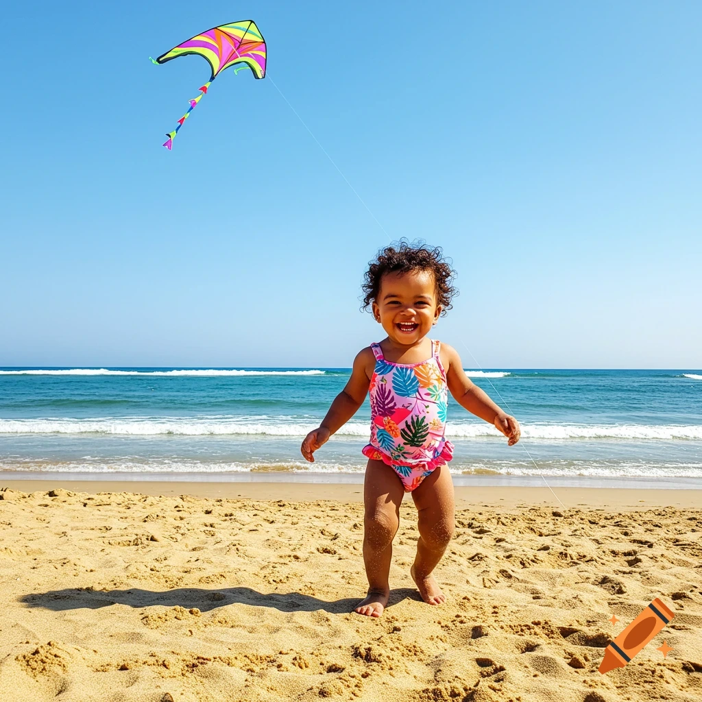 A smiling toddler in a swimsuit on a sunny beach with a colorful kite flying above.