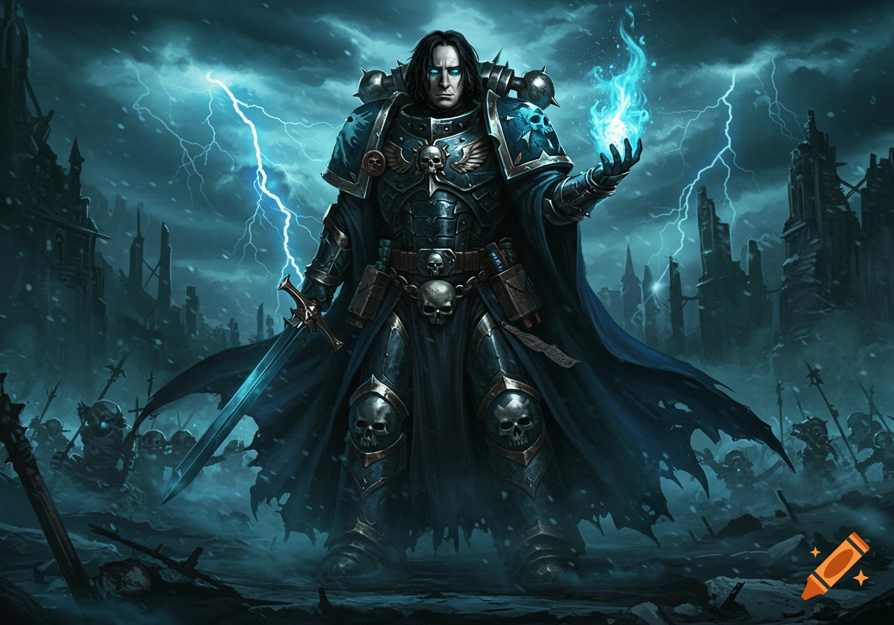 A man in dark armored uniform and a cloak holds a glowing blue orb and a sword in a ruined, stormy city.