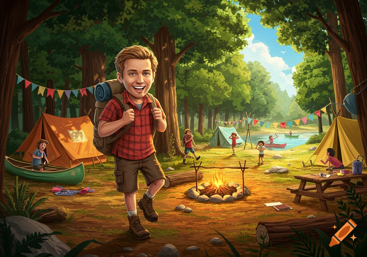 A happy boy with a backpack walks through a vibrant cartoon forest campsite with tents, a campfire, and children playing by a river.