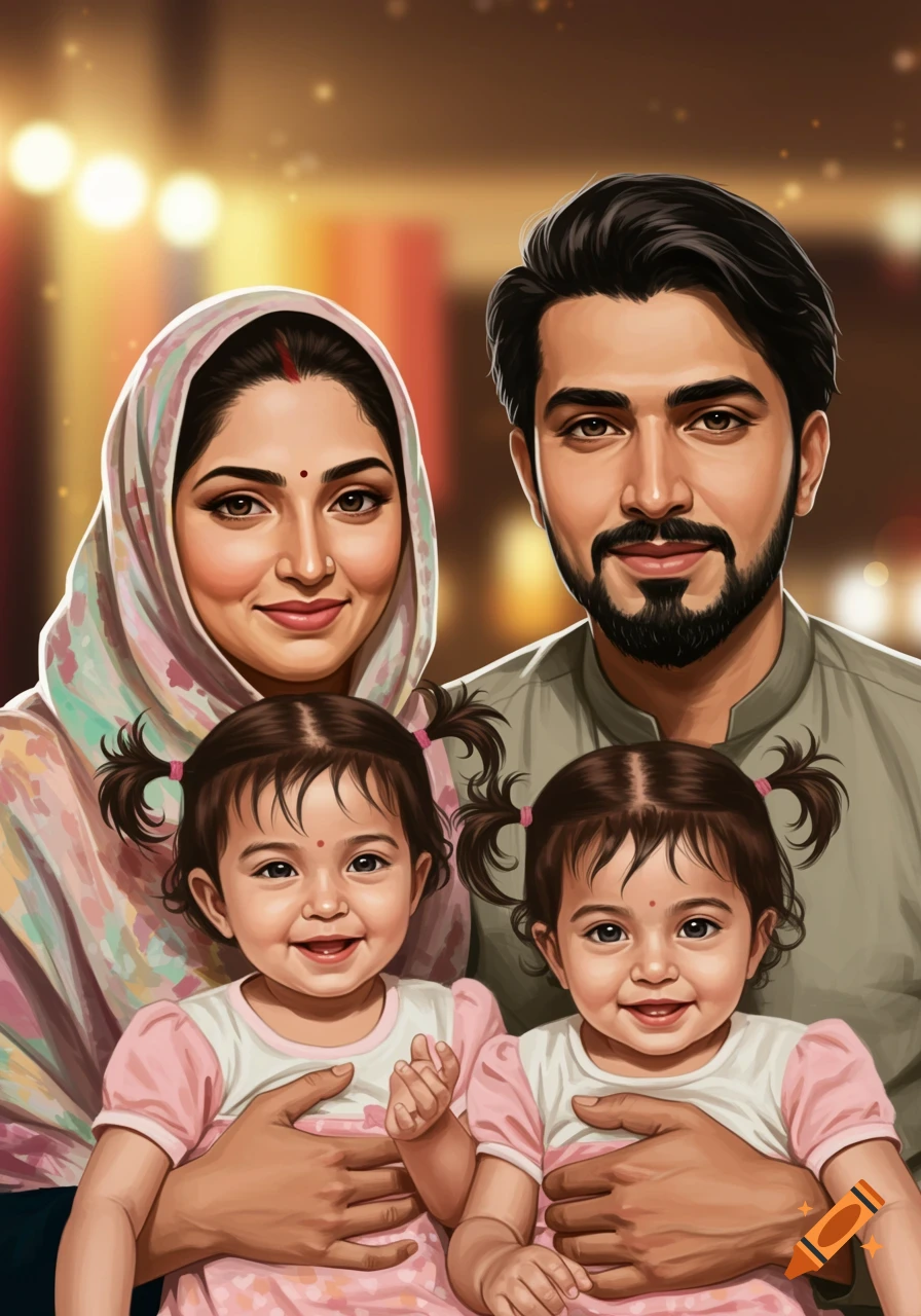 Illustration of a South Asian family portrait with a dad having a goatee, a mum wearing a hijab, and twin baby girls with pigtails.