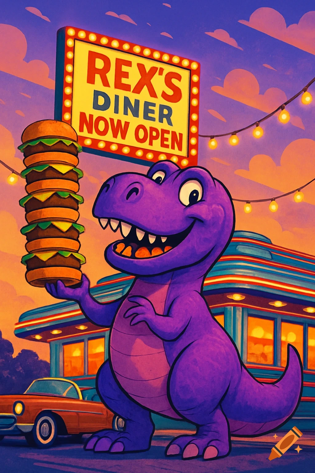 A smiling purple cartoon dinosaur holding a tall stack of burgers in front of Rex's Diner at sunset, with a vintage car nearby.