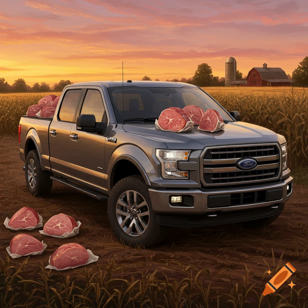 A gray Ford F-150 pickup truck loaded with packaged hams in a rural field at sunset, with a barn and silo in the background.