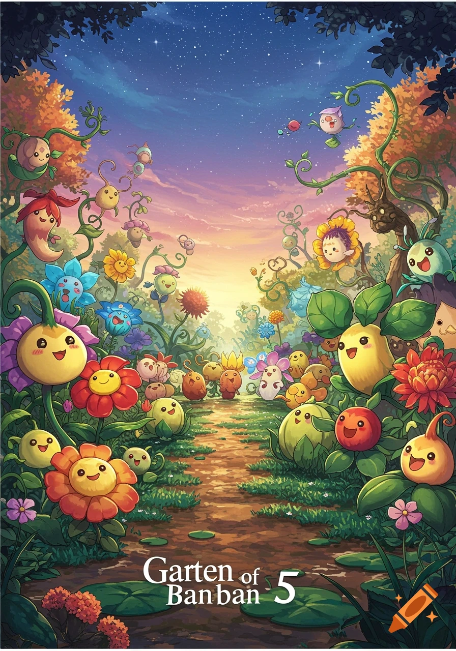 A whimsical cartoon garden scene at dusk with numerous smiling, anthropomorphic plants and flowers lining a path under a starry, colorful sky. Text reads 'Garten of Banban 5' at the bottom.