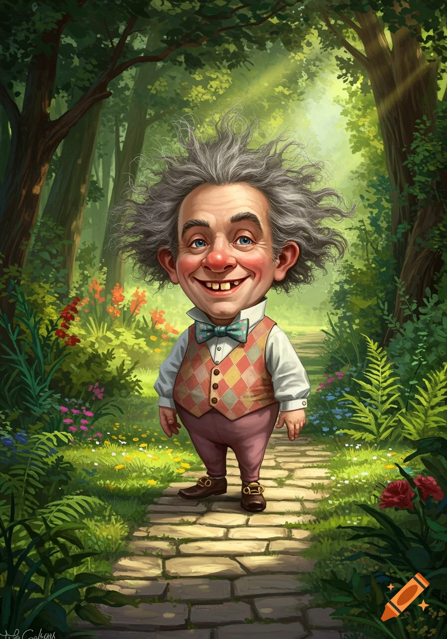 Smiling whimsical man with big grey hair and buck teeth, wearing a patterned vest, stands on a stone path in a magical forest.