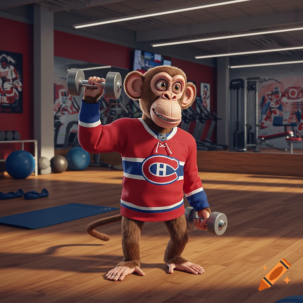 A cartoon monkey wearing a red Montreal Canadiens hockey jersey lifts dumbbells in a gym.