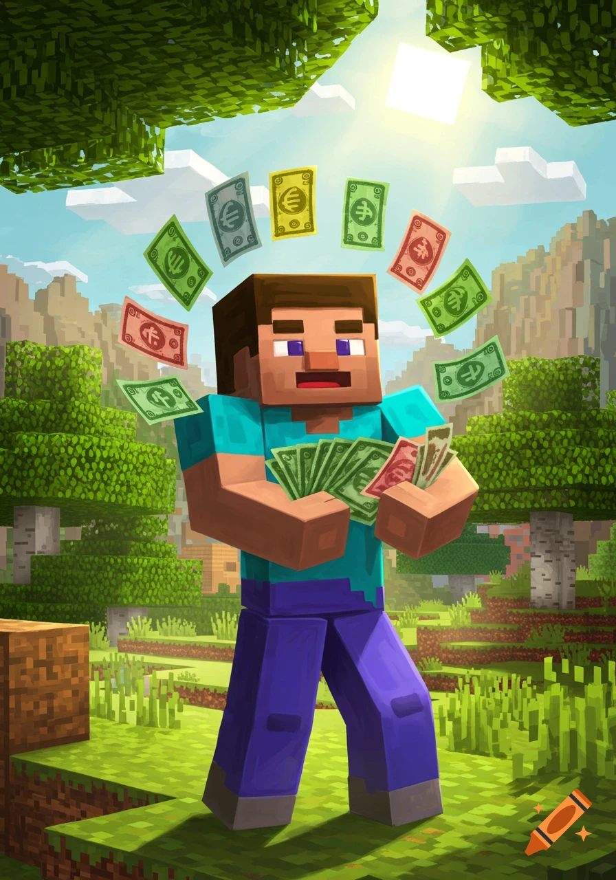 Minecraft Steve holding and surrounded by falling money bills in a blocky landscape.