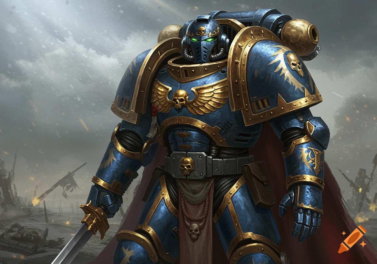 A heavily armored blue and gold space marine warrior stands in a war-torn landscape, holding a sword.