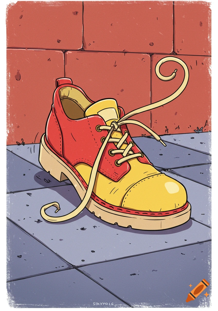 A cartoon red and yellow shoe with untied laces sits on a grey tiled ground in front of a red brick wall.