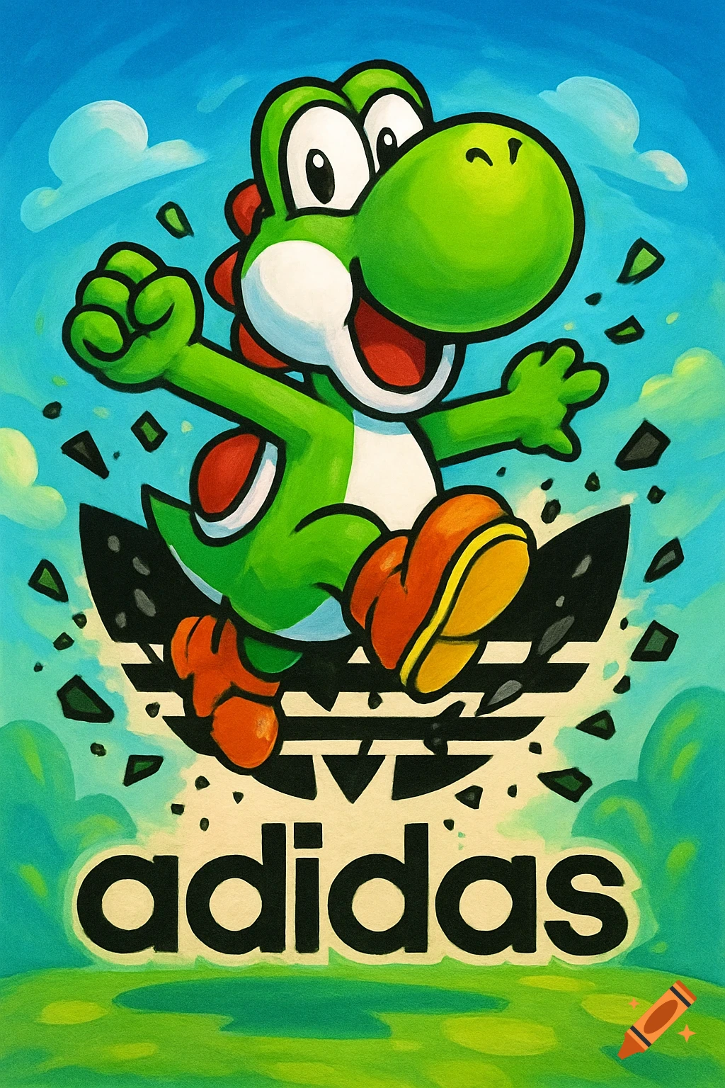 Cartoon Yoshi, green with red shell, jumping and breaking through a black and white Adidas logo, set against a blue sky and green ground.