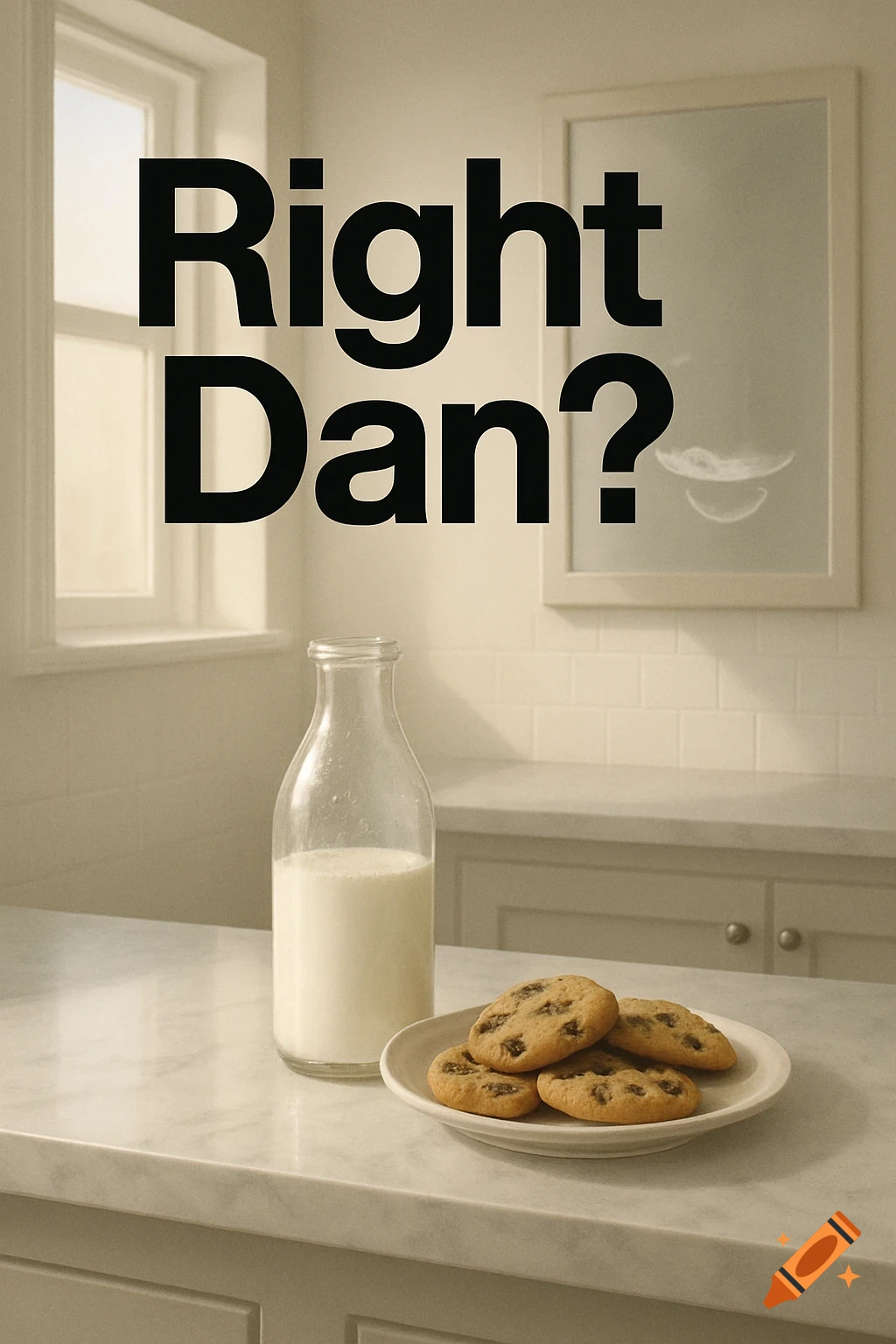 A bottle of milk and a plate of chocolate chip cookies on a kitchen counter under large black text that reads 'Right Dan?'.