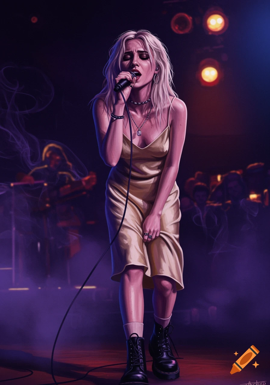 Illustrated portrait of a blonde female singer on stage, wearing a slip dress and combat boots, singing into a microphone under purple and orange spotlights.