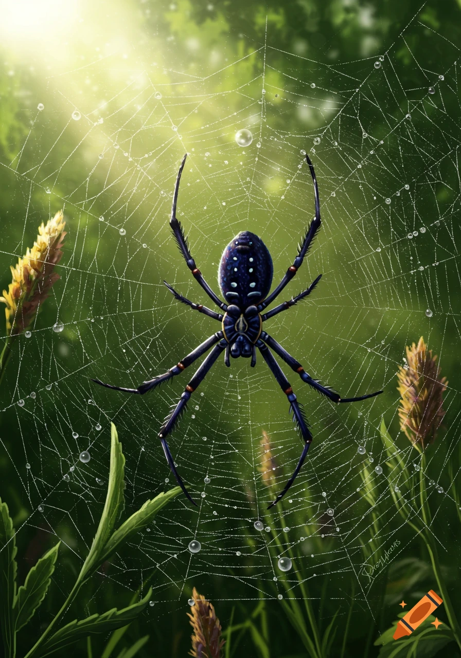 A detailed illustration of a dark purple and black spider centered on its dew-covered web in a lush green, sunlit environment.