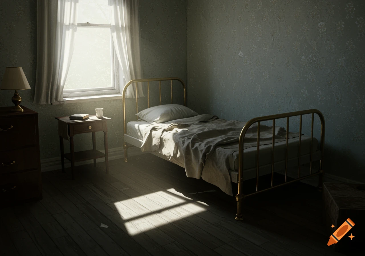 A desaturated, worn bedroom with a single brass bed, faded wallpaper, and sunlit window casting shadows on the wooden floor.
