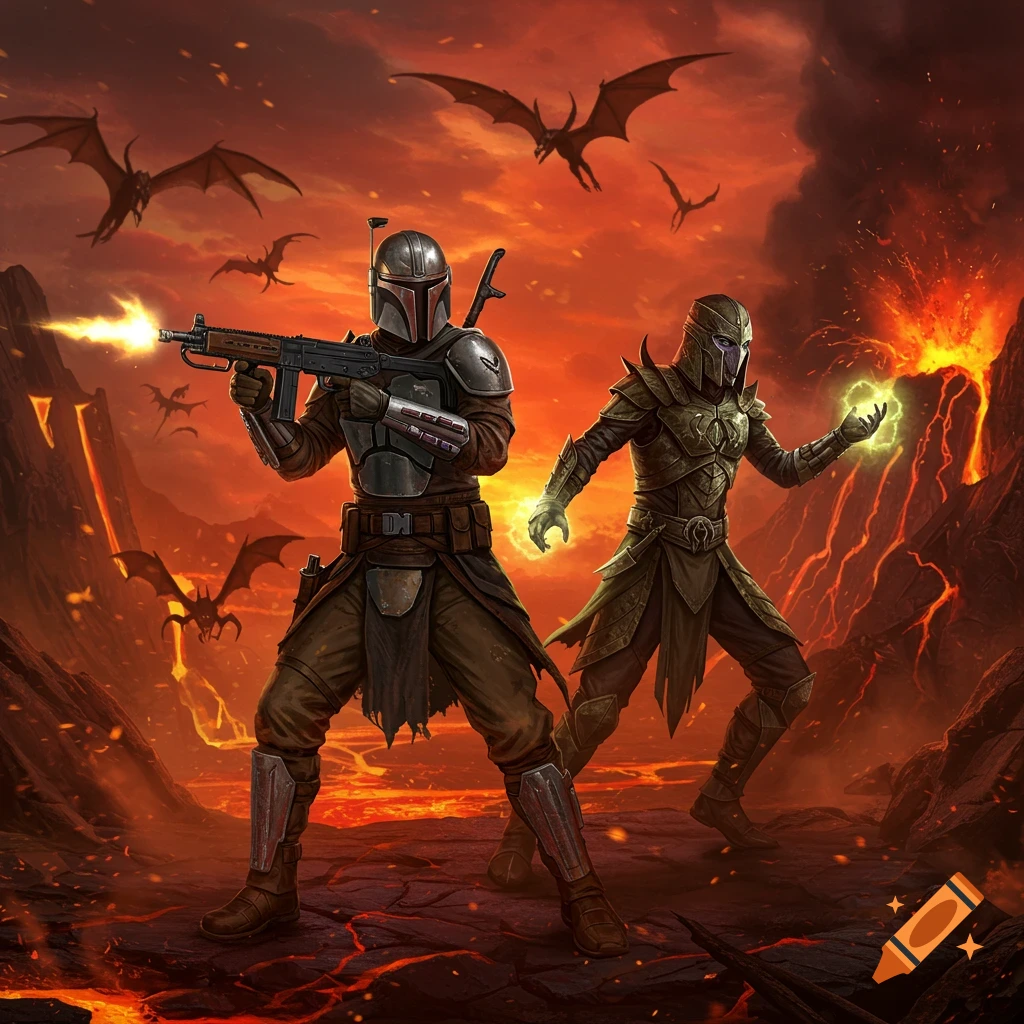 Two armored warriors, one resembling the Mandalorian firing a rifle and another casting green magic, fight bat-like creatures in a fiery volcanic landscape.