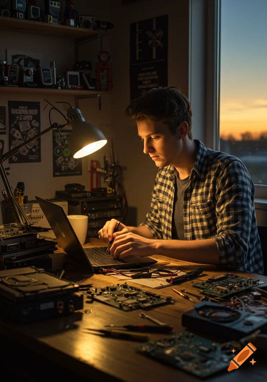 A young man repairing electronics at a cluttered desk with a laptop, circuit boards, and tools, lit by a desk lamp at sunset.