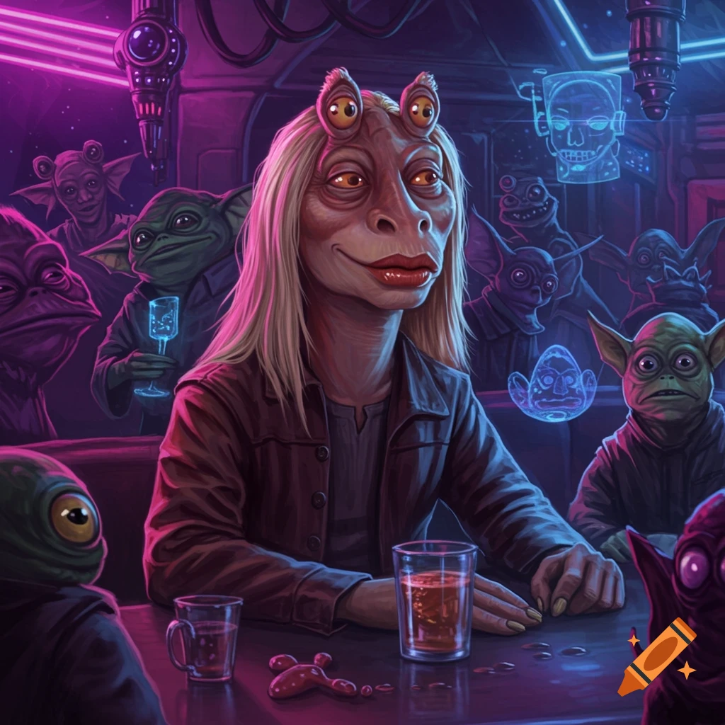 Stylized illustration of a Jar Jar Binks-like alien with blonde hair and lipstick sitting at a neon-lit bar with other aliens.