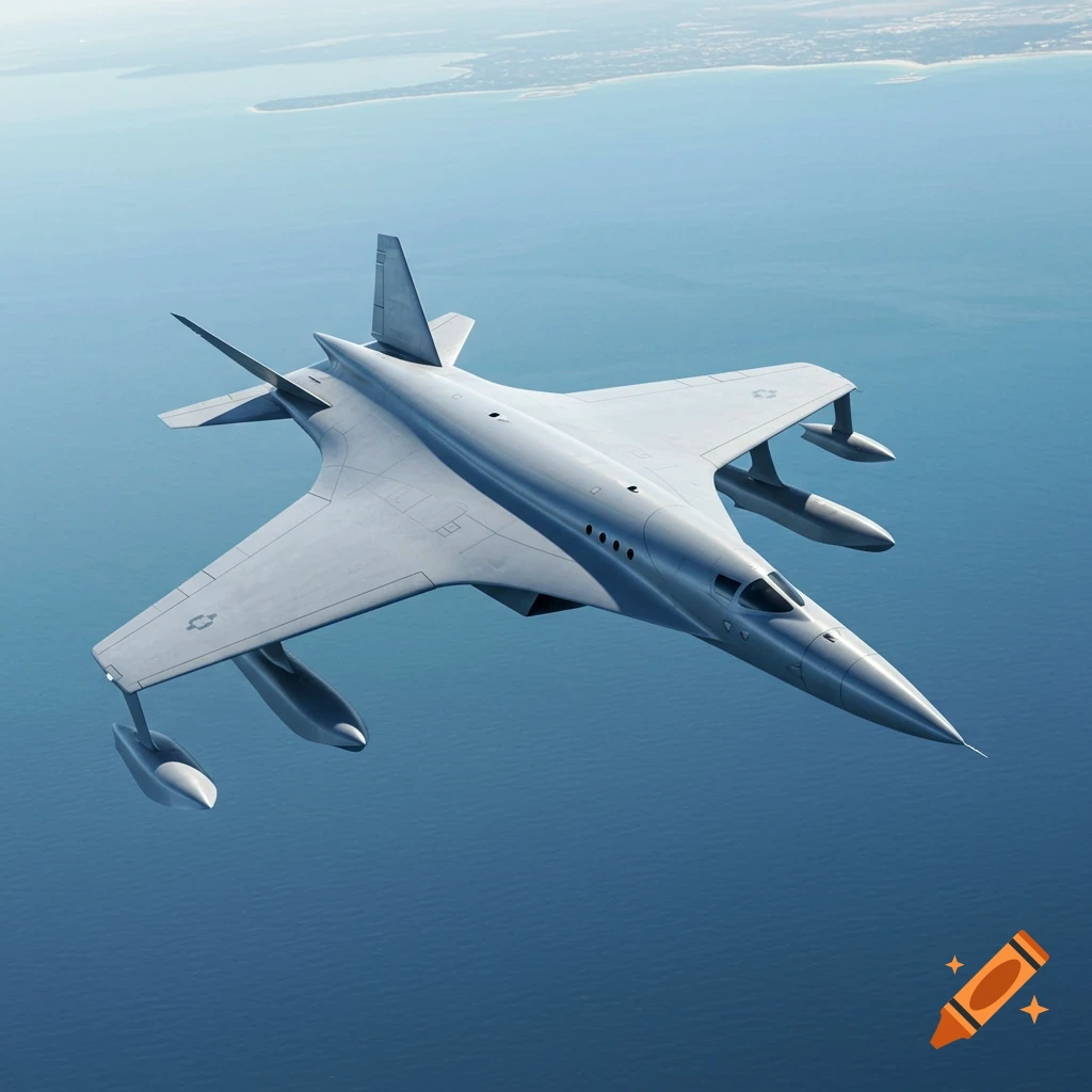 A sleek, grey, futuristic supersonic aircraft flies over a vast blue ocean with a distant coastline.