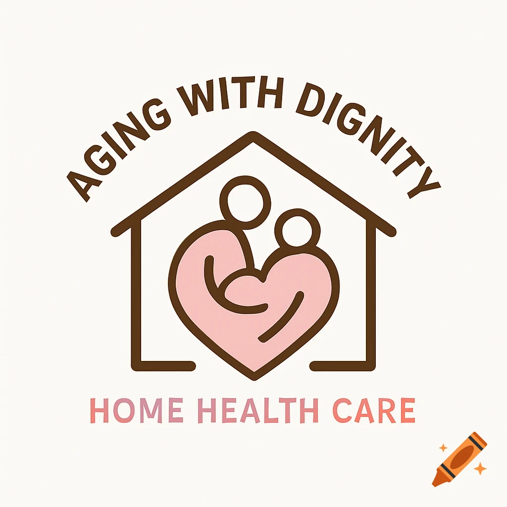 A logo featuring a brown house outline, two pink abstract figures in a heart, and text 'AGING WITH DIGNITY HOME HEALTH CARE'.