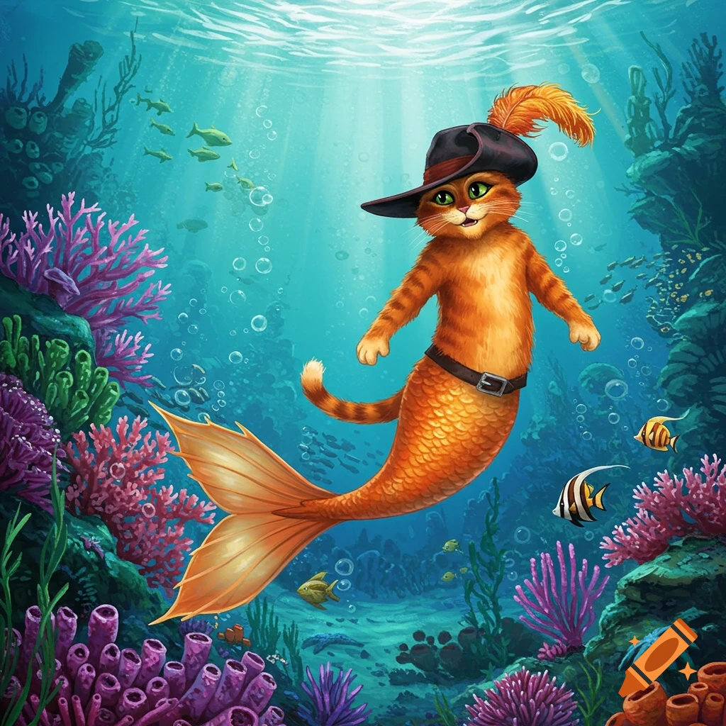 Puss in Boots with an orange mermaid tail swims in a vibrant underwater coral reef.