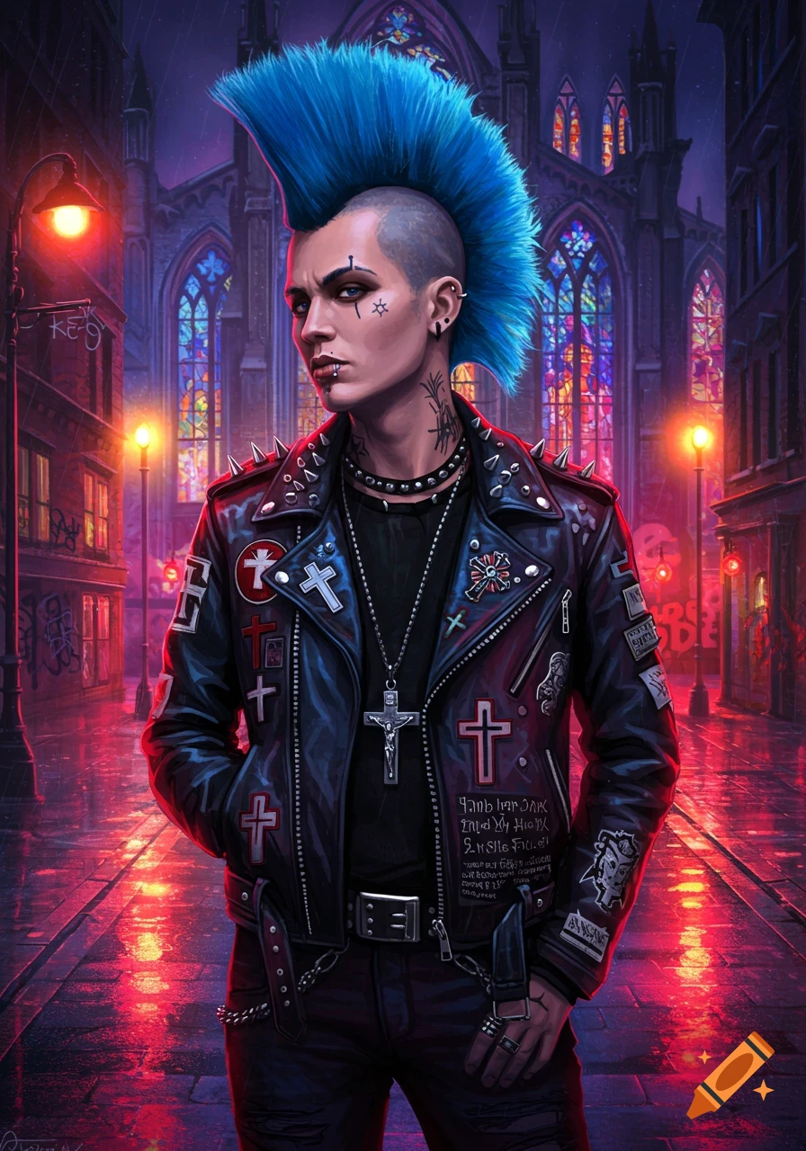 A stylized portrait of a punk person with a bright blue mohawk, tattoos, and piercings, wearing a studded leather jacket adorned with various cross symbols. They stand on a wet street at night with glowing streetlights, a gothic church with stained glass windows in the background.