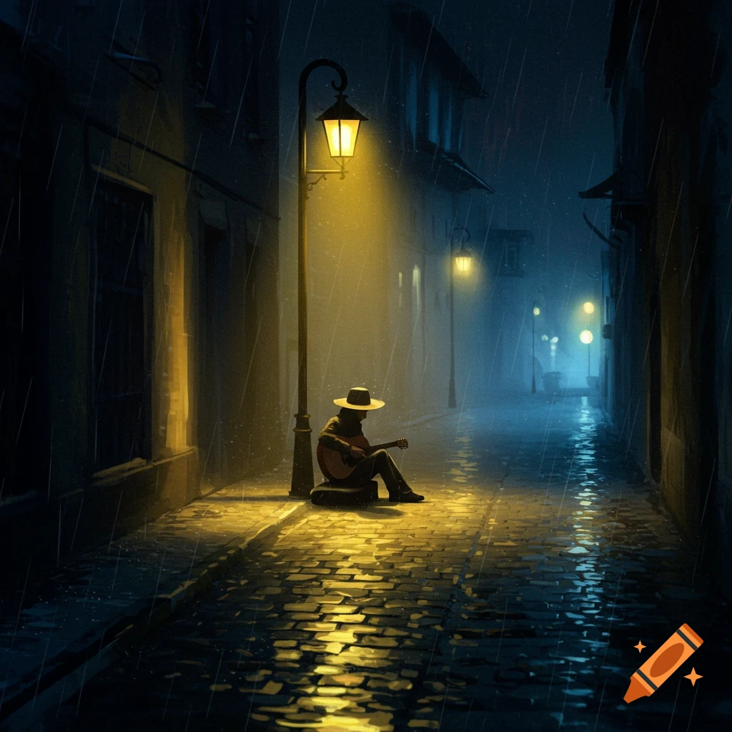 Silhouette of a person with a guitar sitting under a glowing streetlamp on a wet cobblestone street during a rainy night.