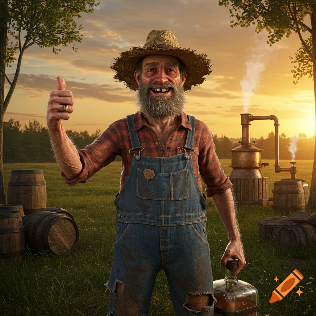 A bearded man in a straw hat and overalls smiles, giving a thumbs up while holding a jug, with a moonshine still in the background at sunset.