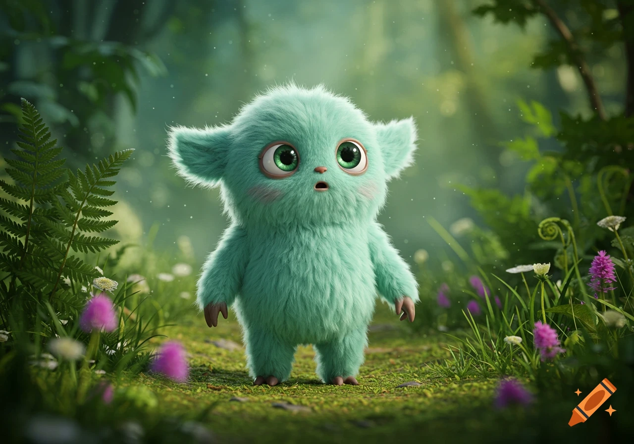 A fluffy teal creature with big green eyes stands in a lush forest with flowers and ferns.