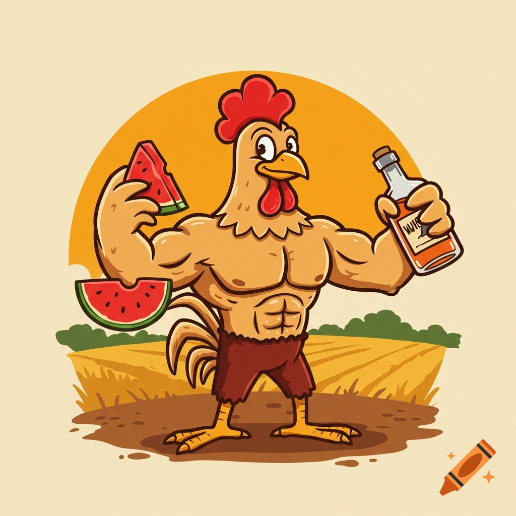 Cartoon buff chicken holding a watermelon slice and a bottle, standing in a field under a sunset.