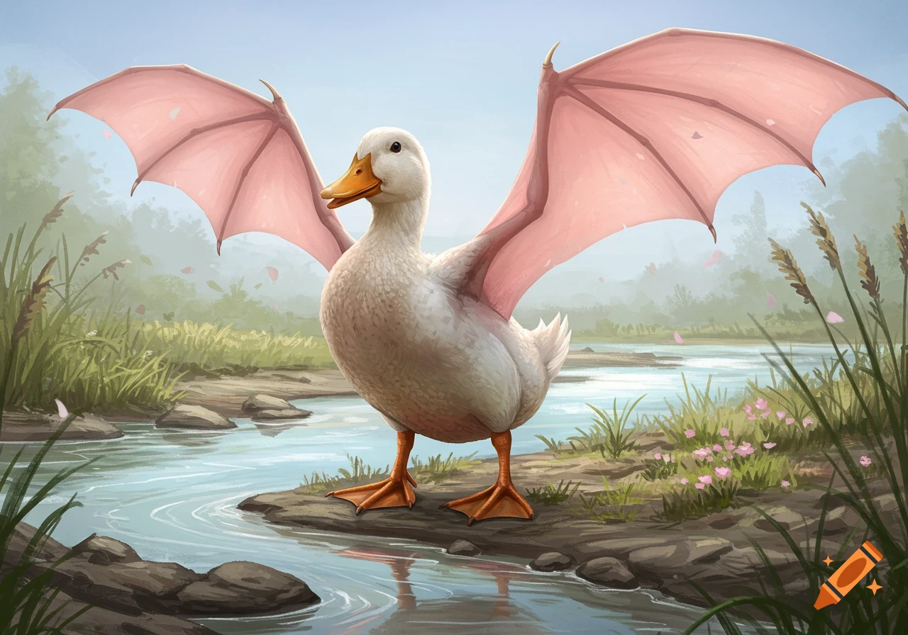 A white duck with large pink dragon wings stands beside a stream in a lush, grassy landscape with trees in the background.