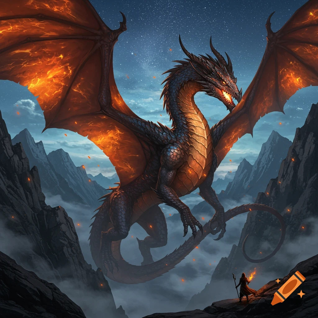 A large black dragon with fiery wings hovers over misty mountains and a small robed figure holding a staff at night.